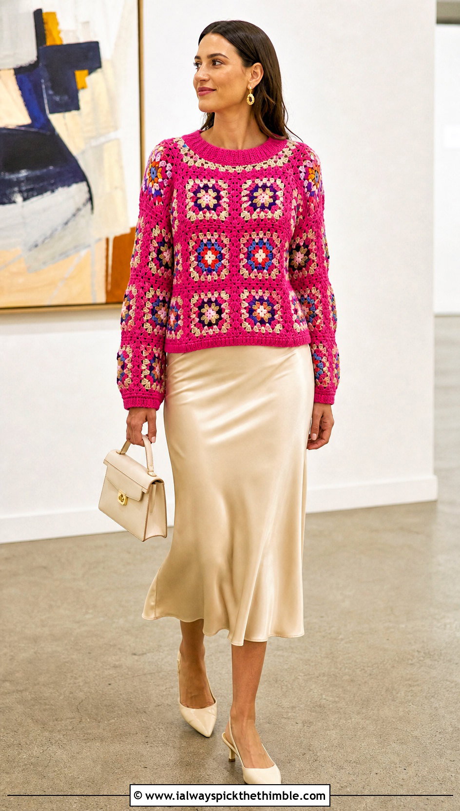 Granny Square Crochet Cotton Sweater With Satin Midi Skirt - 20 Crochet Cotton Sweater outfit ideas