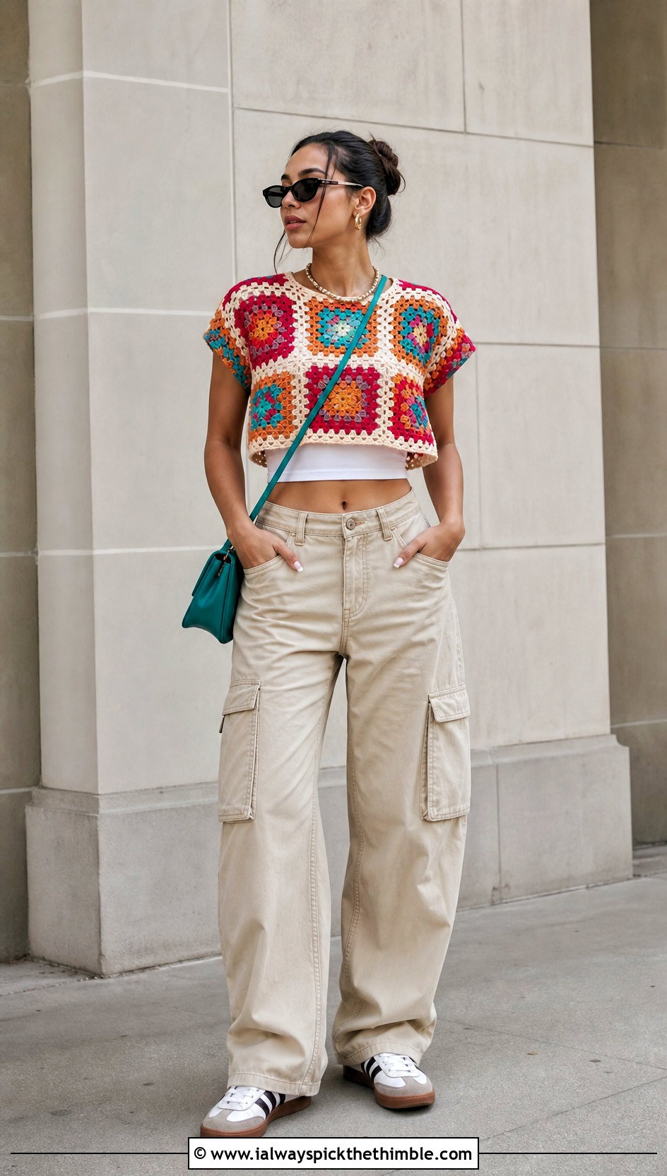 Granny Square Crochet Cover Up Crop Top With Cargo Pants - 25 crochet cover up top outfit ideas