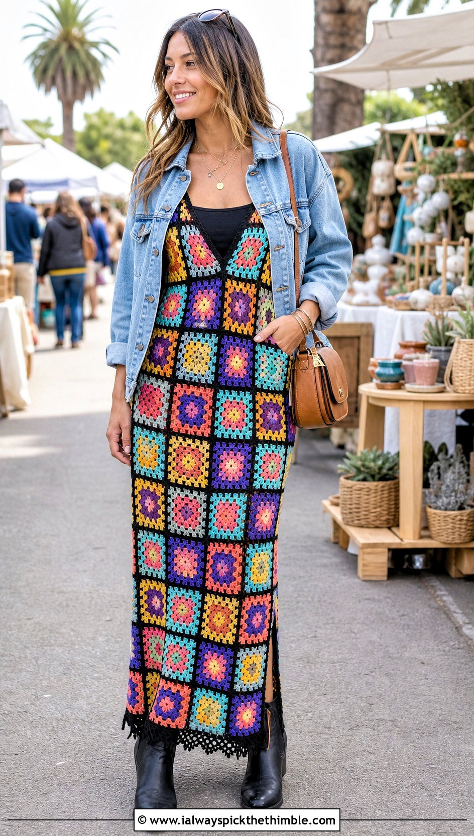 Granny Square Crochet Cover Up Dress With Denim Jacket - 20 easy crochet cover up outfit ideas