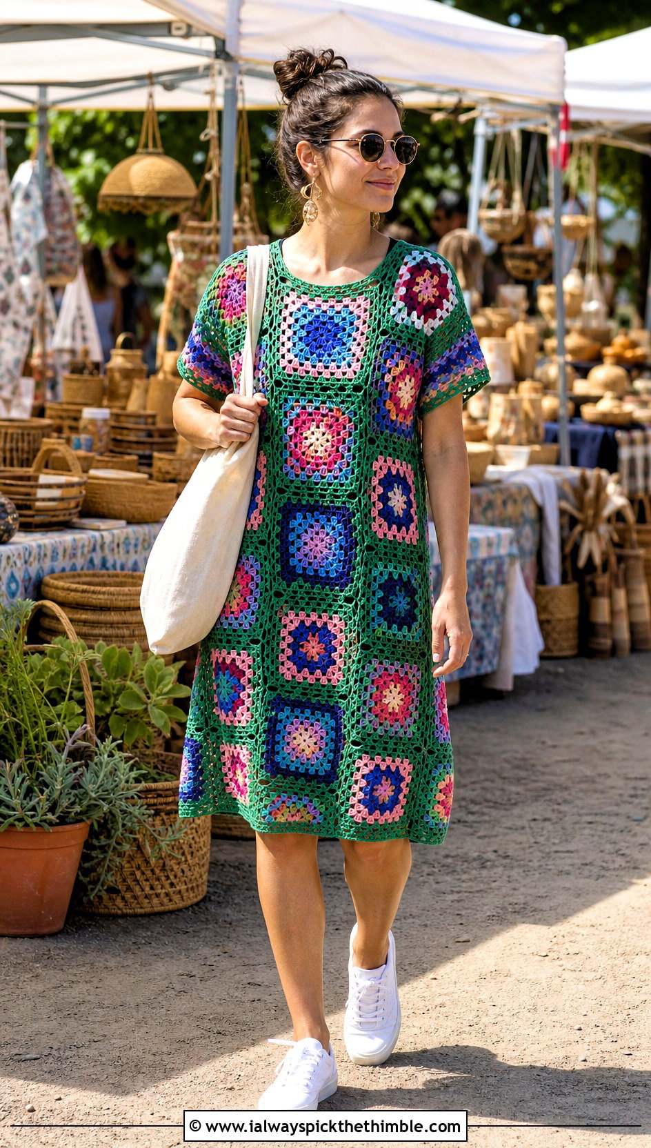 Granny Square Crochet Coverup Dress With White Sneakers - 25 crochet coverup outfit ideas