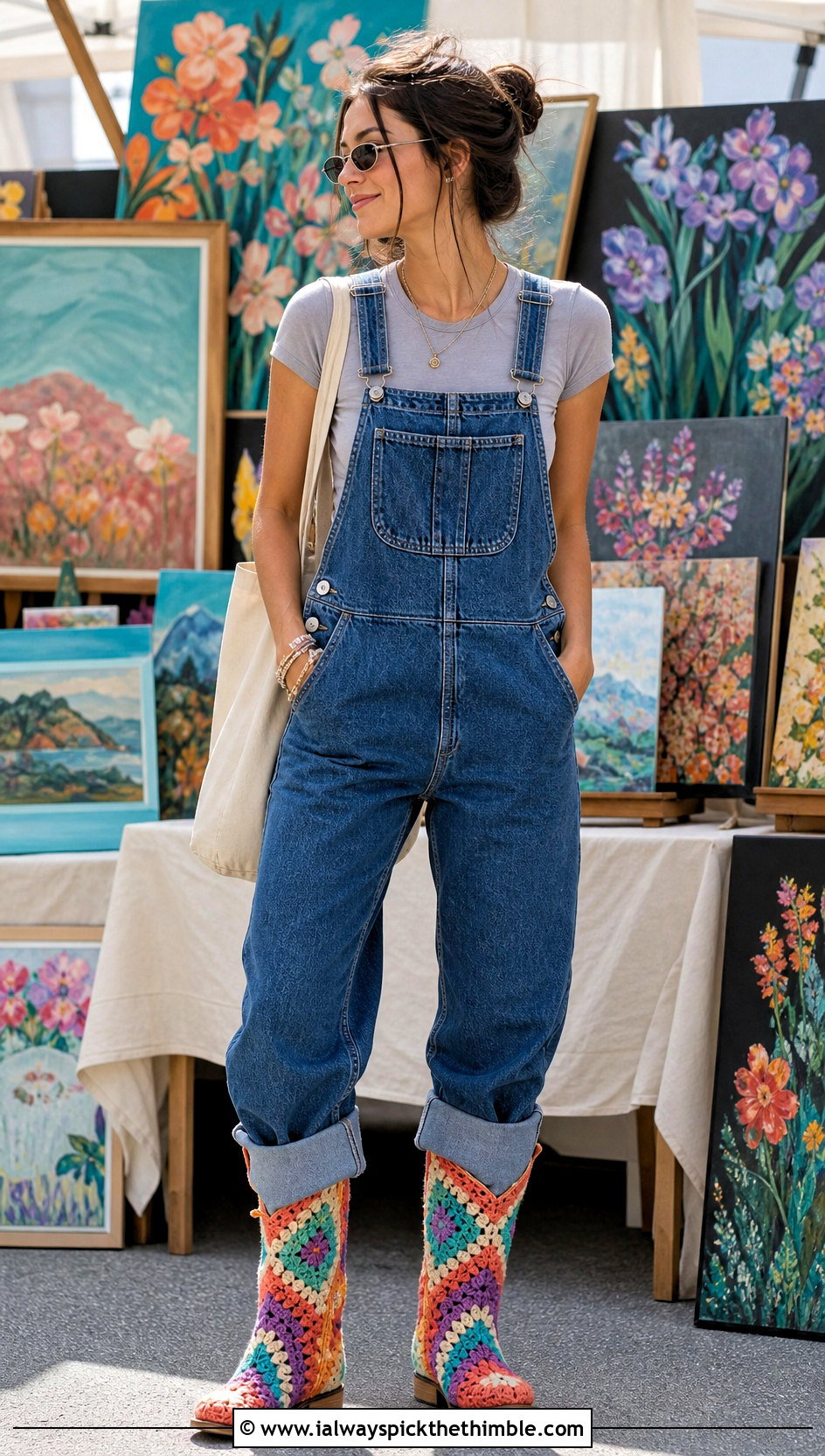 Granny Square Crochet Cowboy Boots With Denim Overalls - 20 Crochet Cowboy Boot outfit ideas