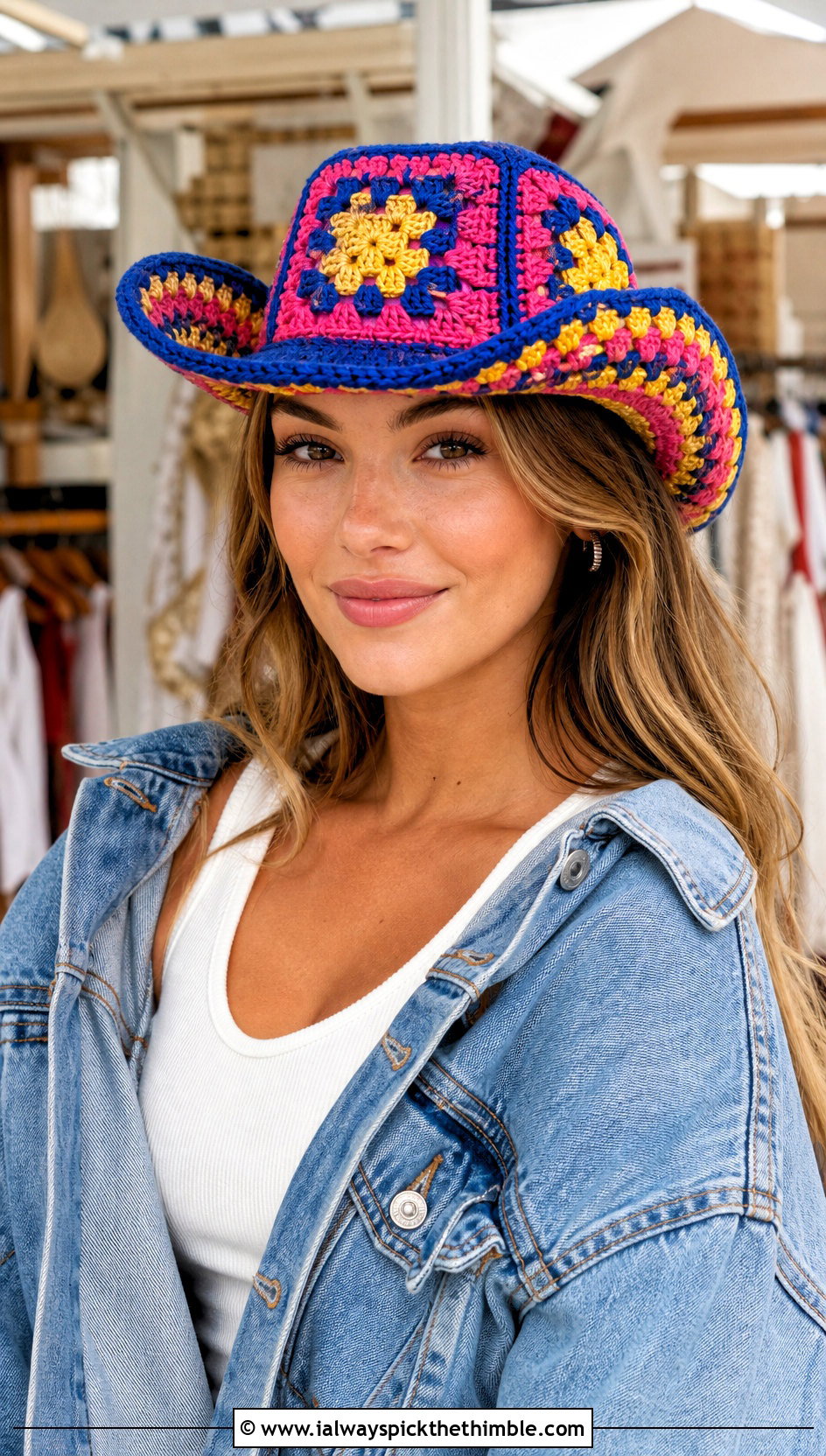 Granny Square Crochet Cowboy Hat With Denim Jacket - 25 crochet cowboy hat outfit ideas