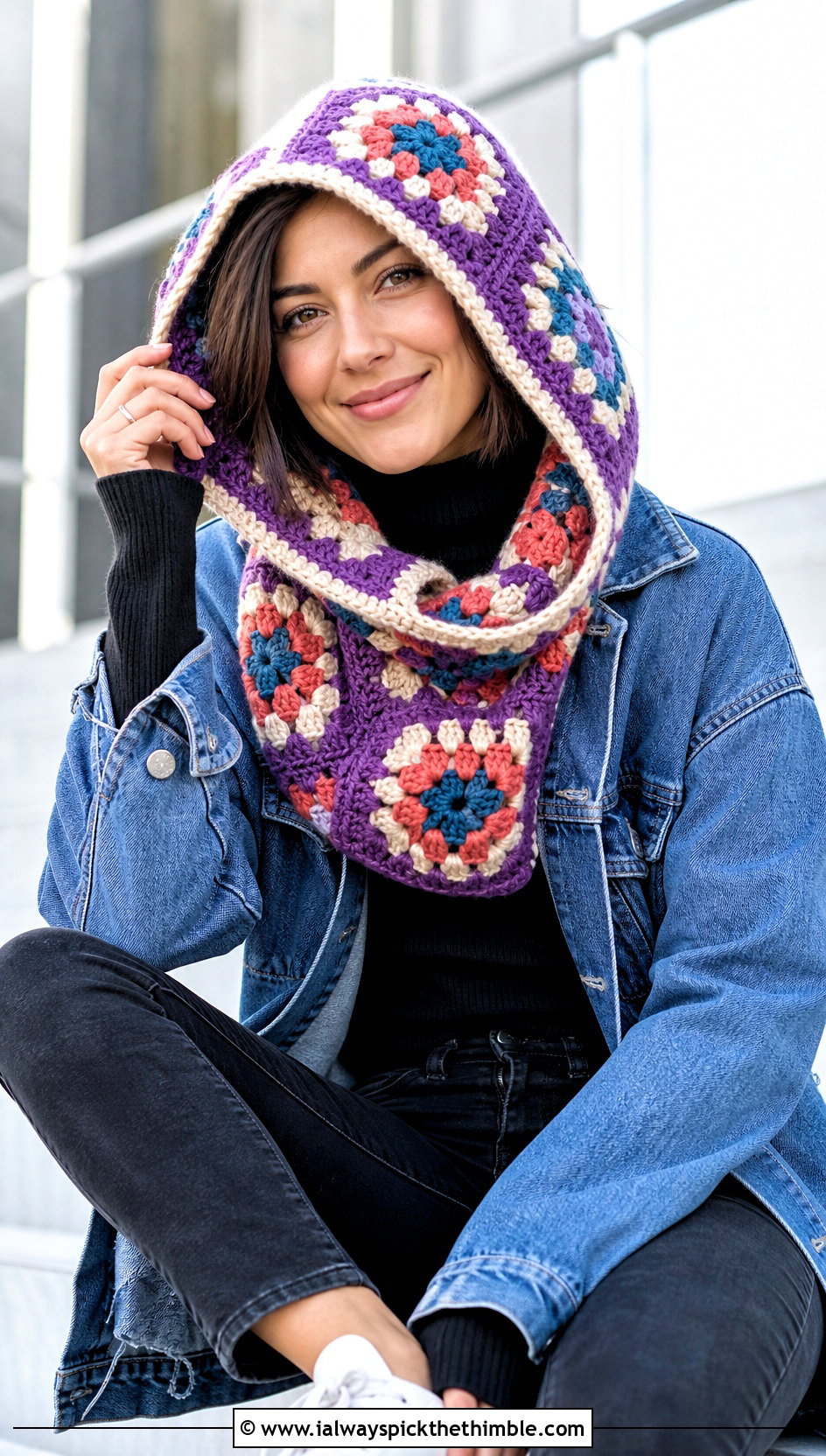 Granny Square Crochet Cowl Hat With Denim Jacket - 20 crochet cowl hat outfit ideas