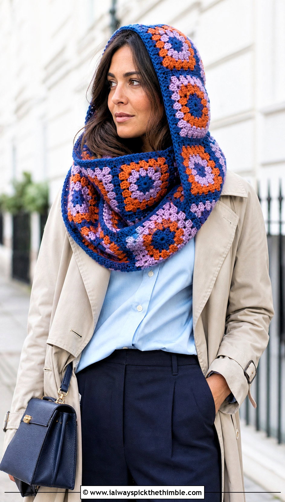 Granny Square Crochet Cowl Hood With Trench Coat - 20 crochet cowl hood outfit ideas