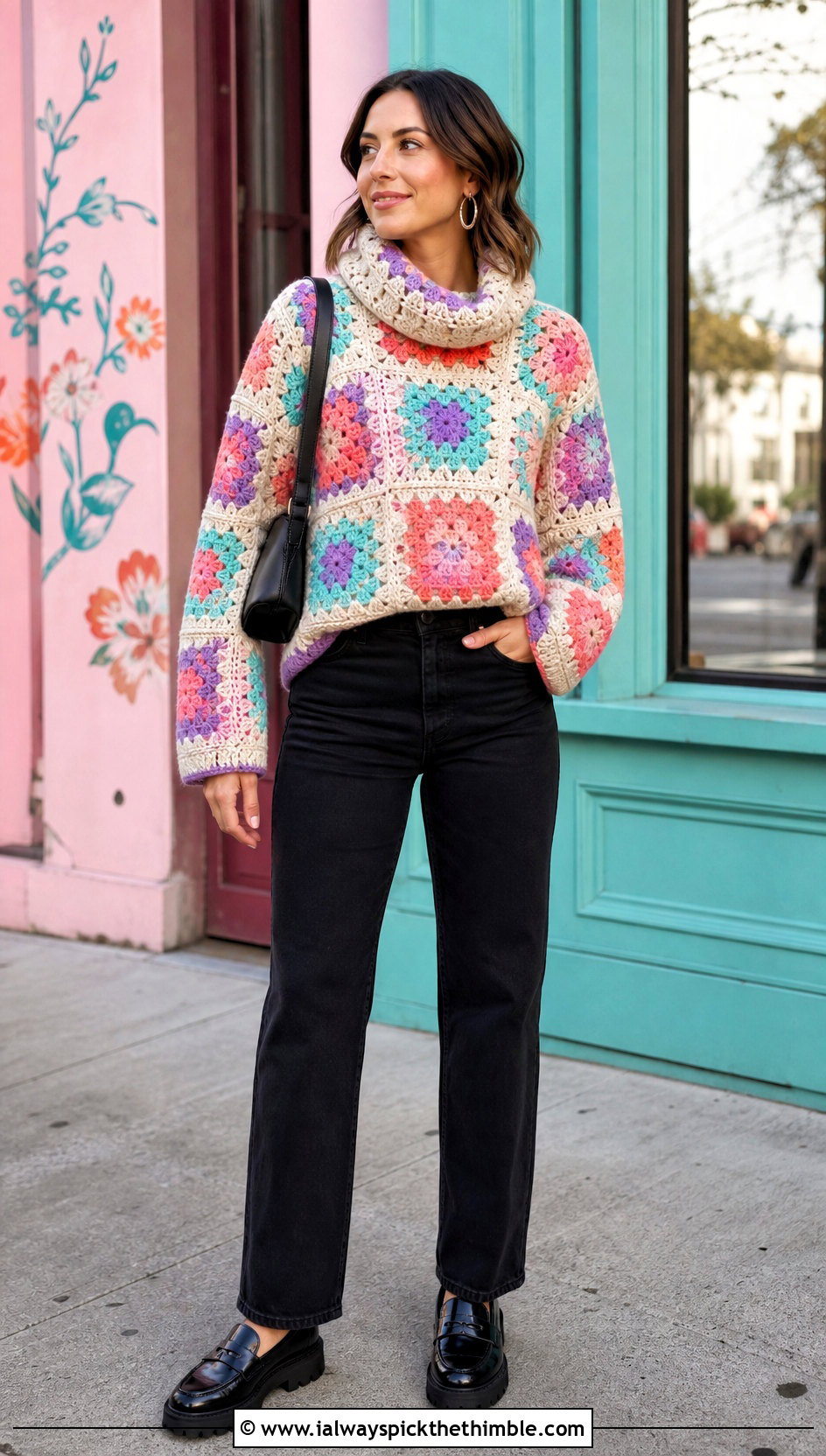 Granny Square Crochet Cowl Neck Sweater With Black Jeans - 20 Crochet Cowl Neck Sweater outfit ideas