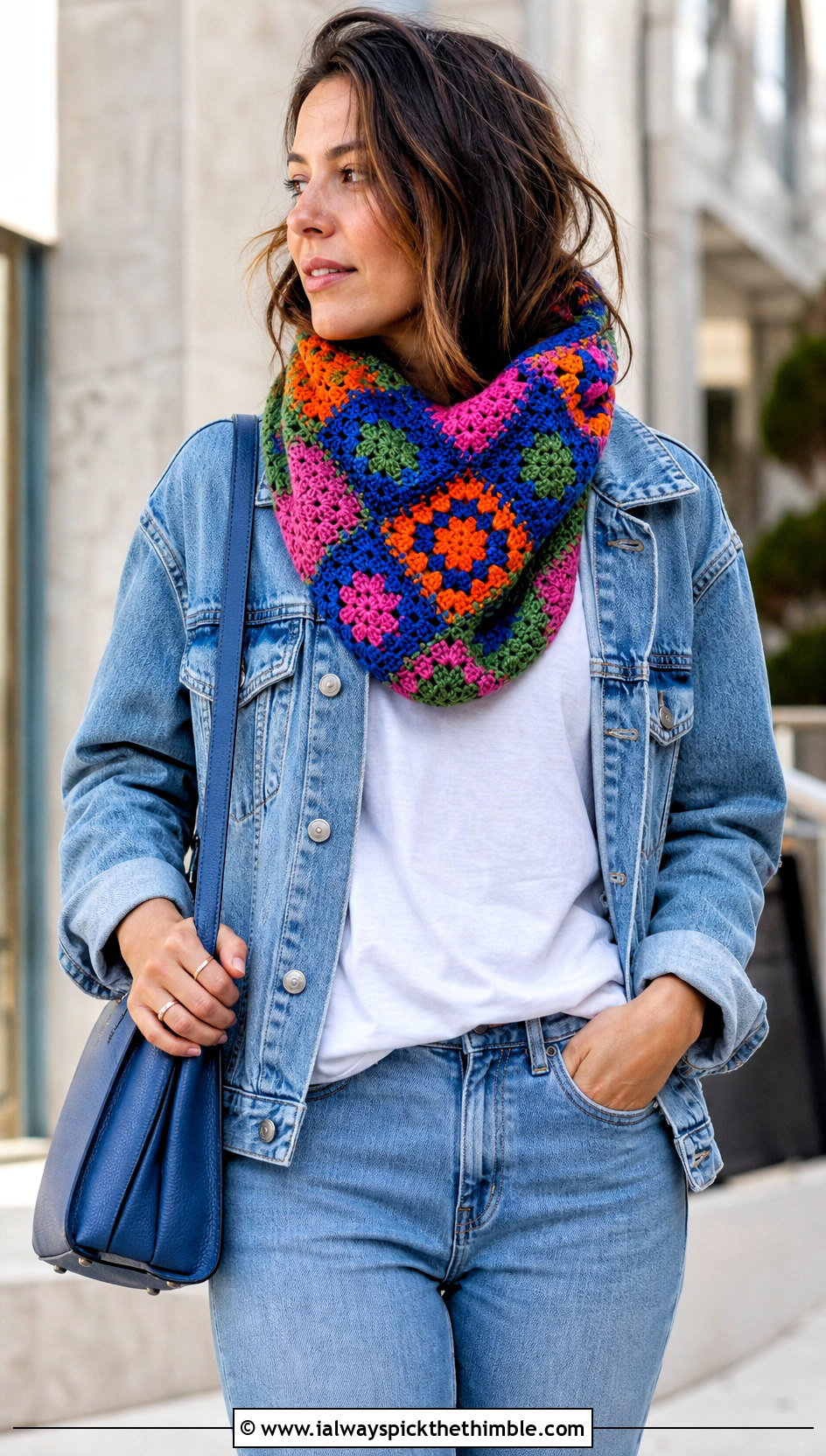 Granny Square Crochet Cowl Scarf With Denim Jacket - 25 crochet cowell scarf outfit ideas
