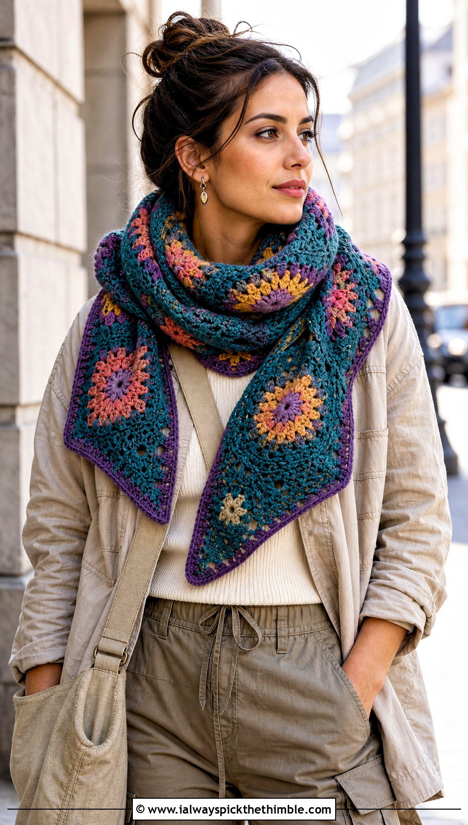 Granny Square Crochet Cowl Shawl With Utility Jacket - 20 crochet cowl shawl outfit ideas