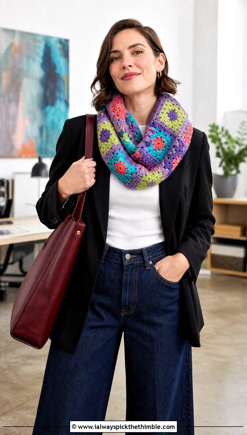 Granny Square Crochet Cowl With Blazer And Wide Leg Jeans - 25 crochet neck warmer cowls outfit ideas