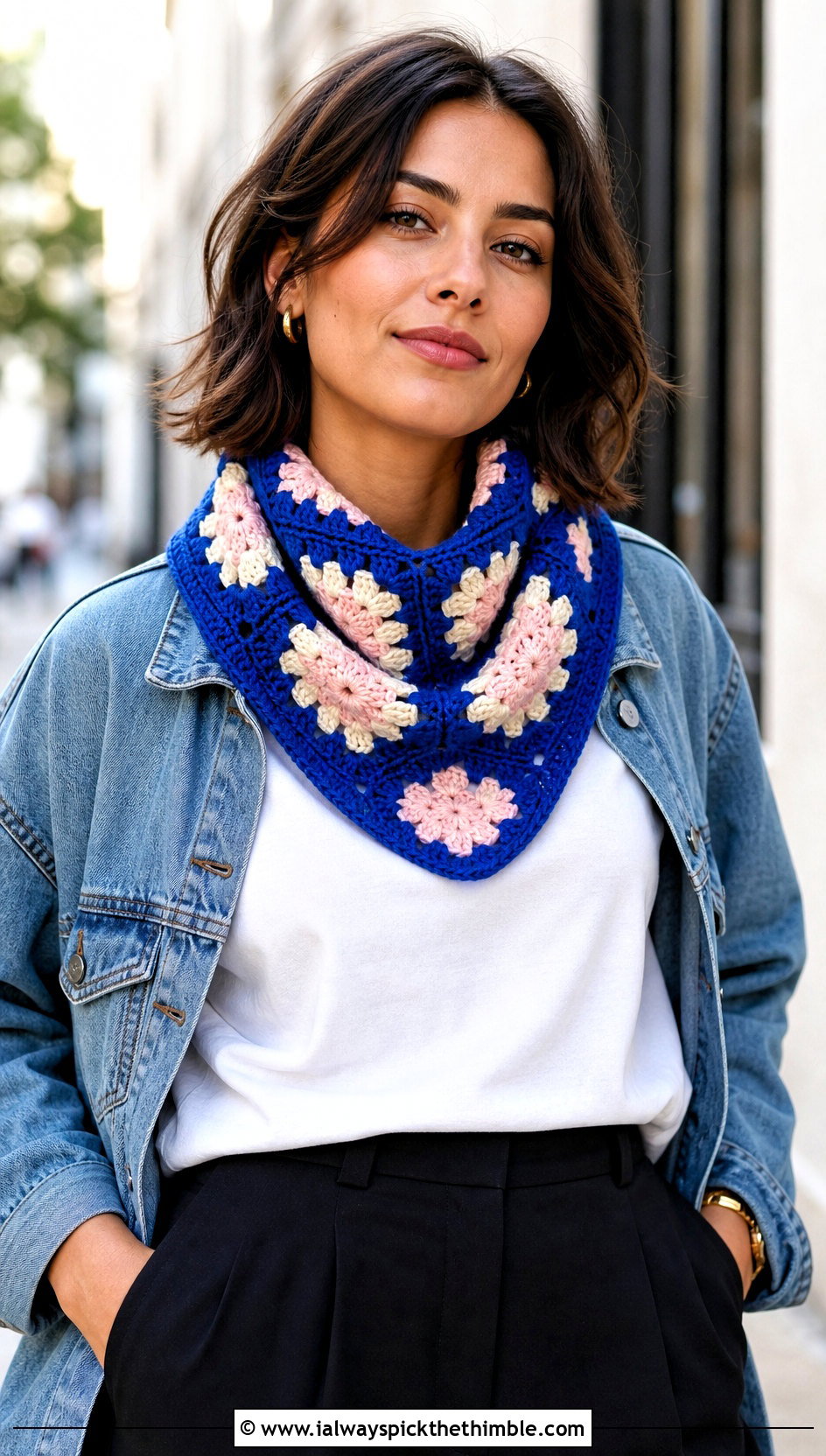 Granny Square Crochet Cowl With Denim Jacket - 20 cowl crochet scarf outfit ideas