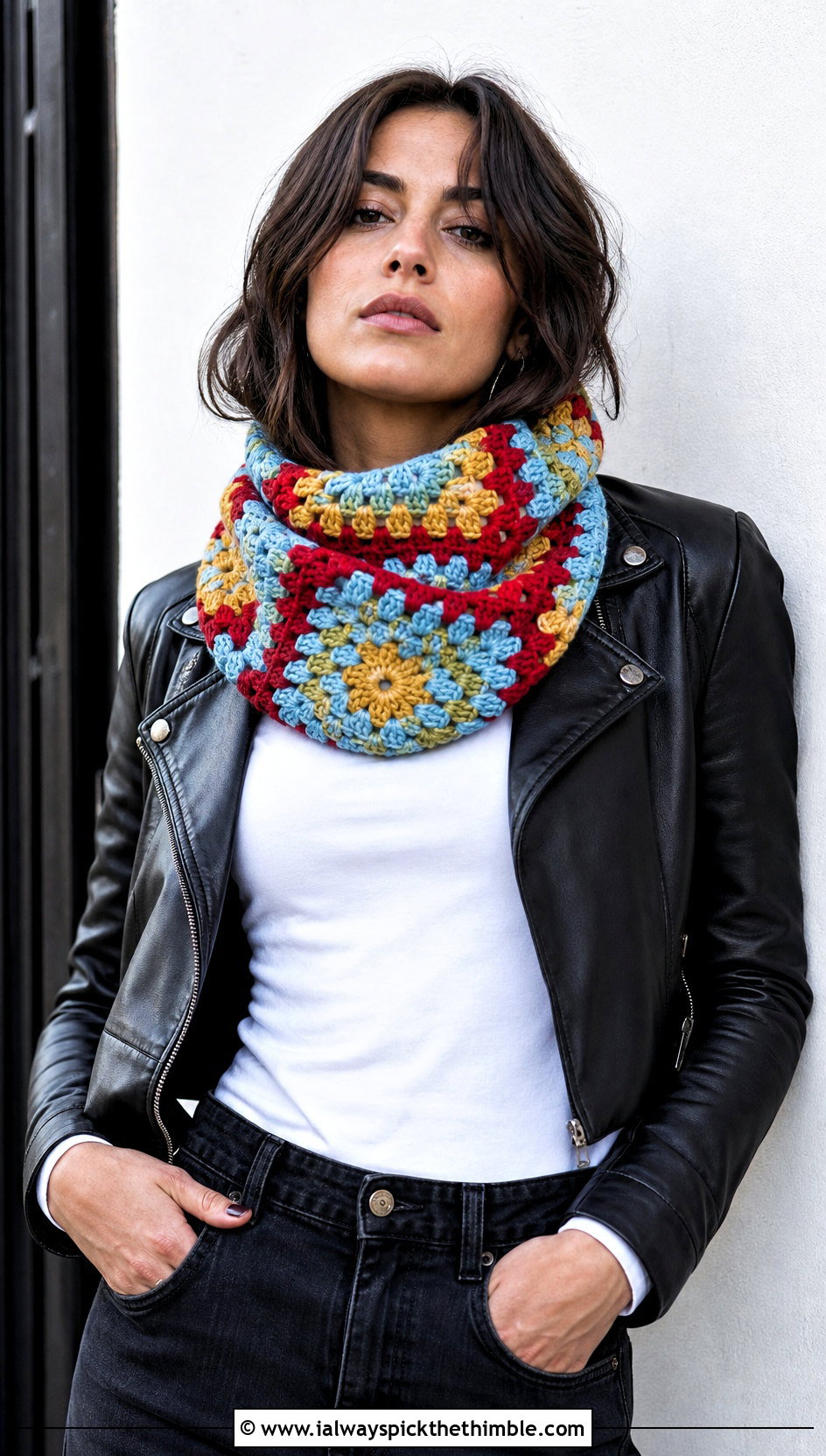 Granny Square Crochet Cowl With Leather Jacket - 25 crochet cowl outfit ideas