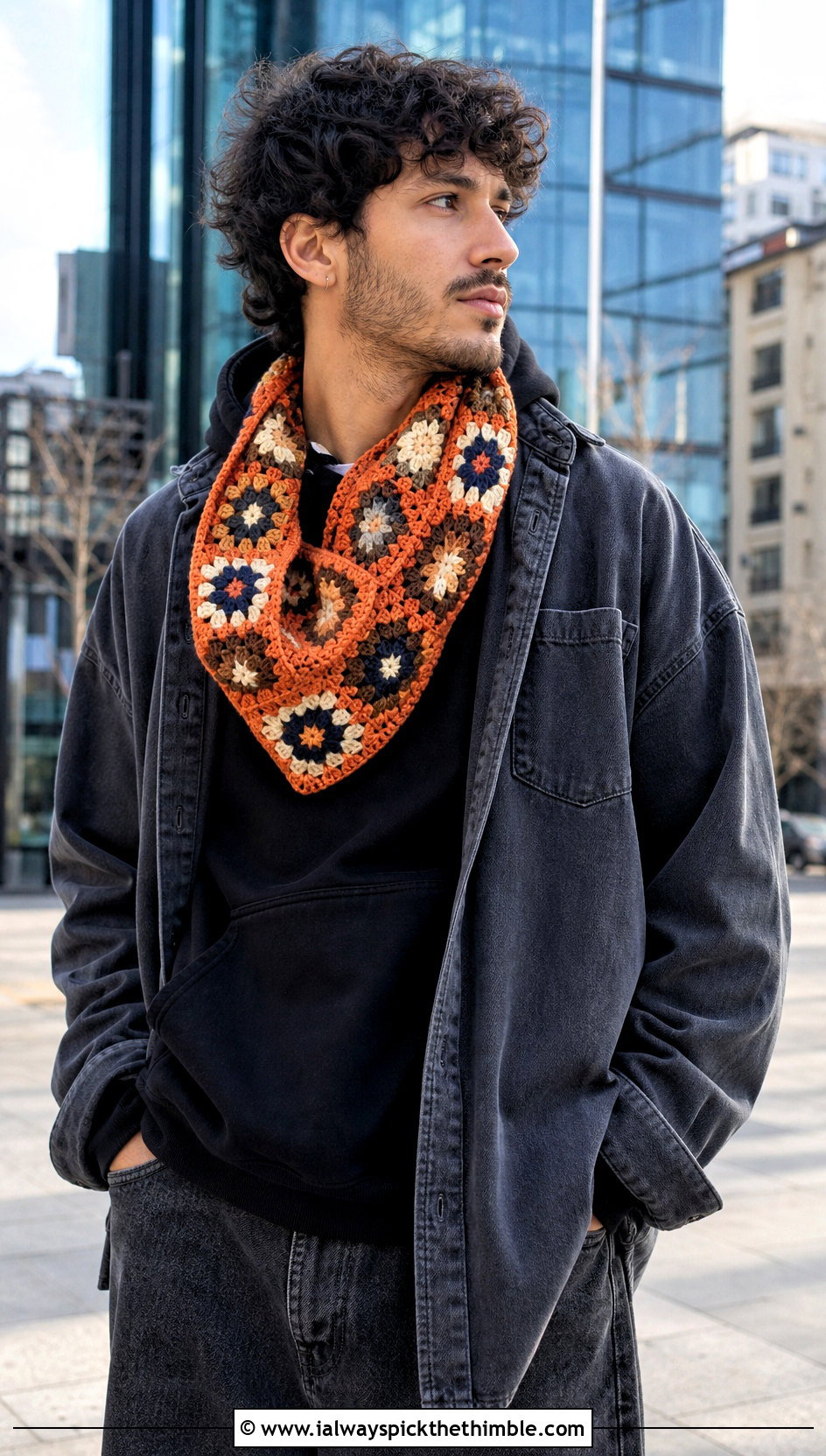 Granny Square Crochet Cowl With Overshirt - 20 crochet cowl for men outfit ideas
