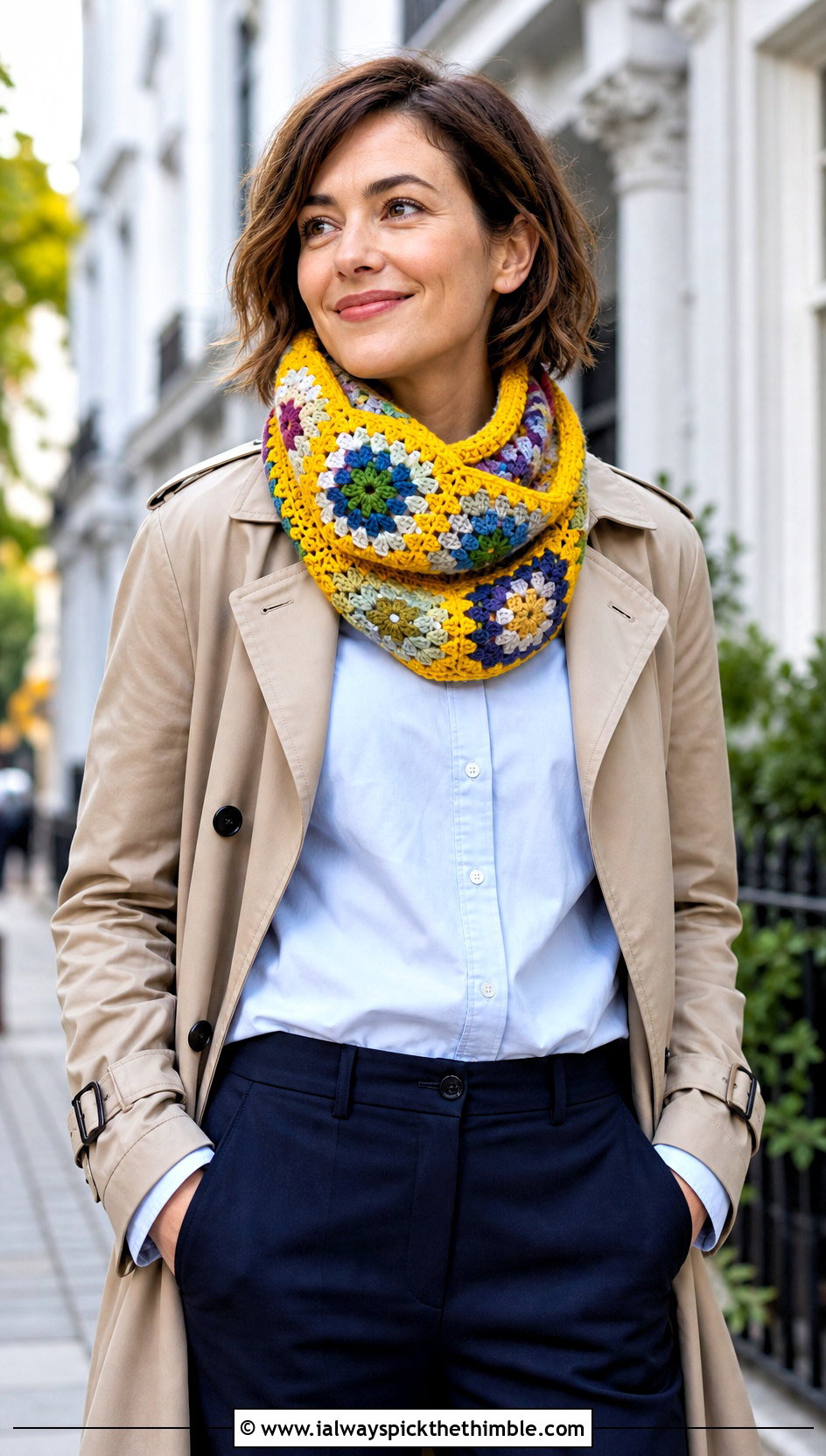 Granny Square Crochet Cowl With Trench Coat - 20 Simple Crochet Cowl outfit ideas