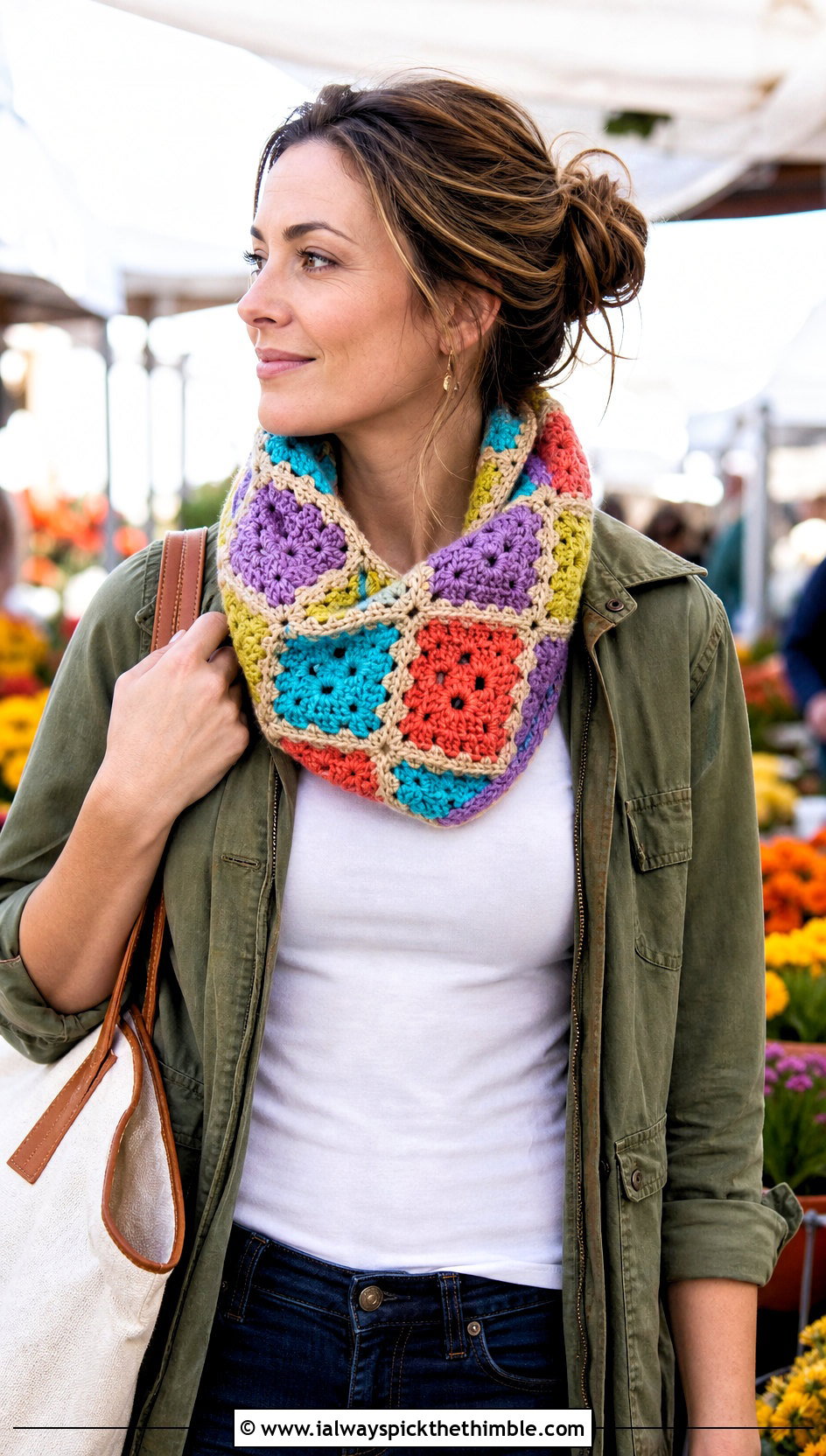 Granny Square Crochet Cowl With Utility Jacket - 25 crochet cowl neck warmer outfit ideas