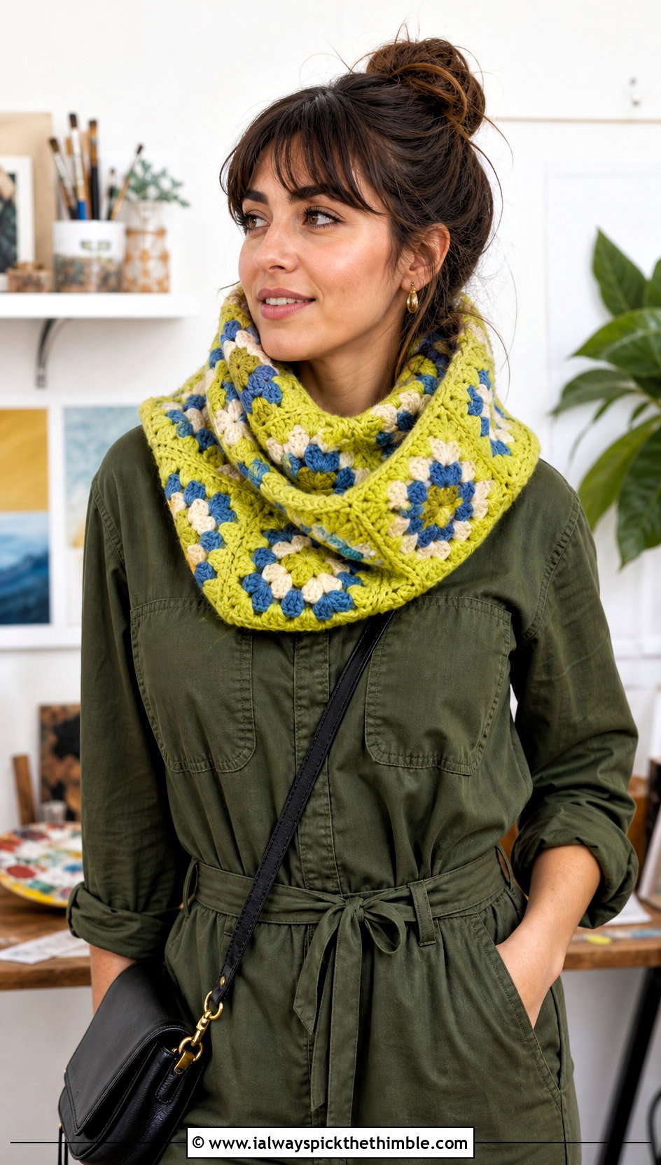 Granny Square Crochet Cowl With Utility Jumpsuit - 15 Crochet For Cowl Scarf outfit ideas
