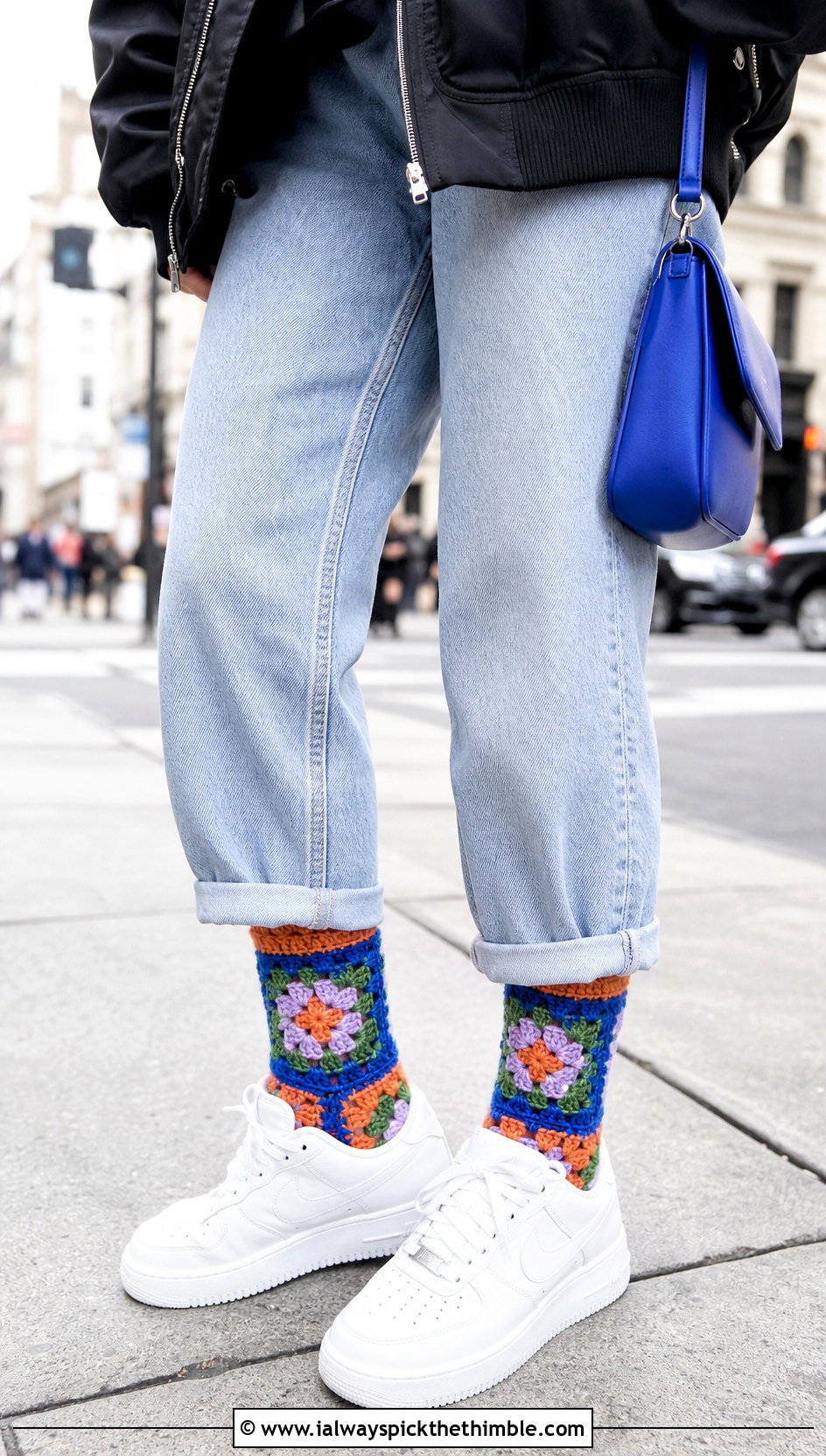 Granny Square Crochet Crew Socks With Sneakers - 20 Quick Crochet Socks outfit ideas