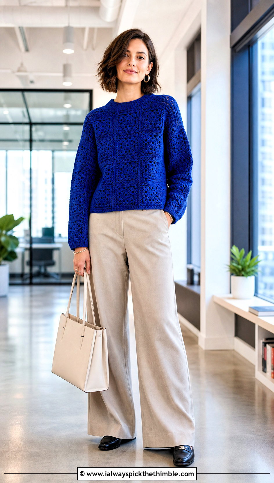 Granny Square Crochet Crewneck Sweater With Tailored Trousers - 20 crochet crewneck sweater outfit ideas