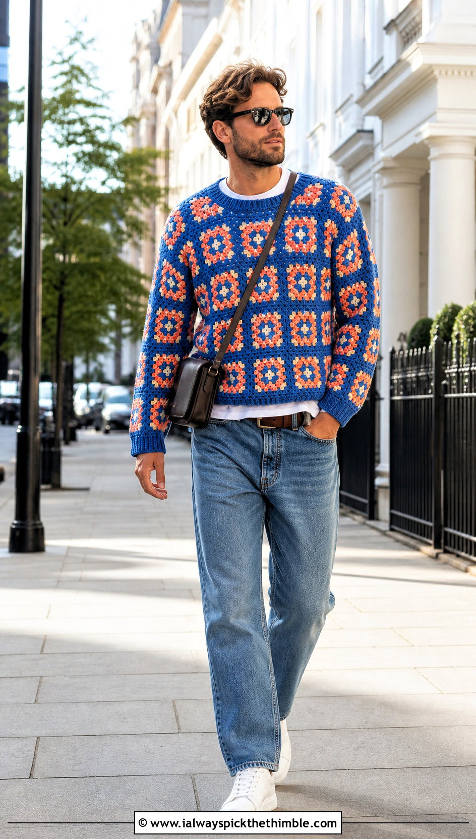 Granny Square Crochet Crewneck With Straight Jeans - 25 men's crochet sweater ideas