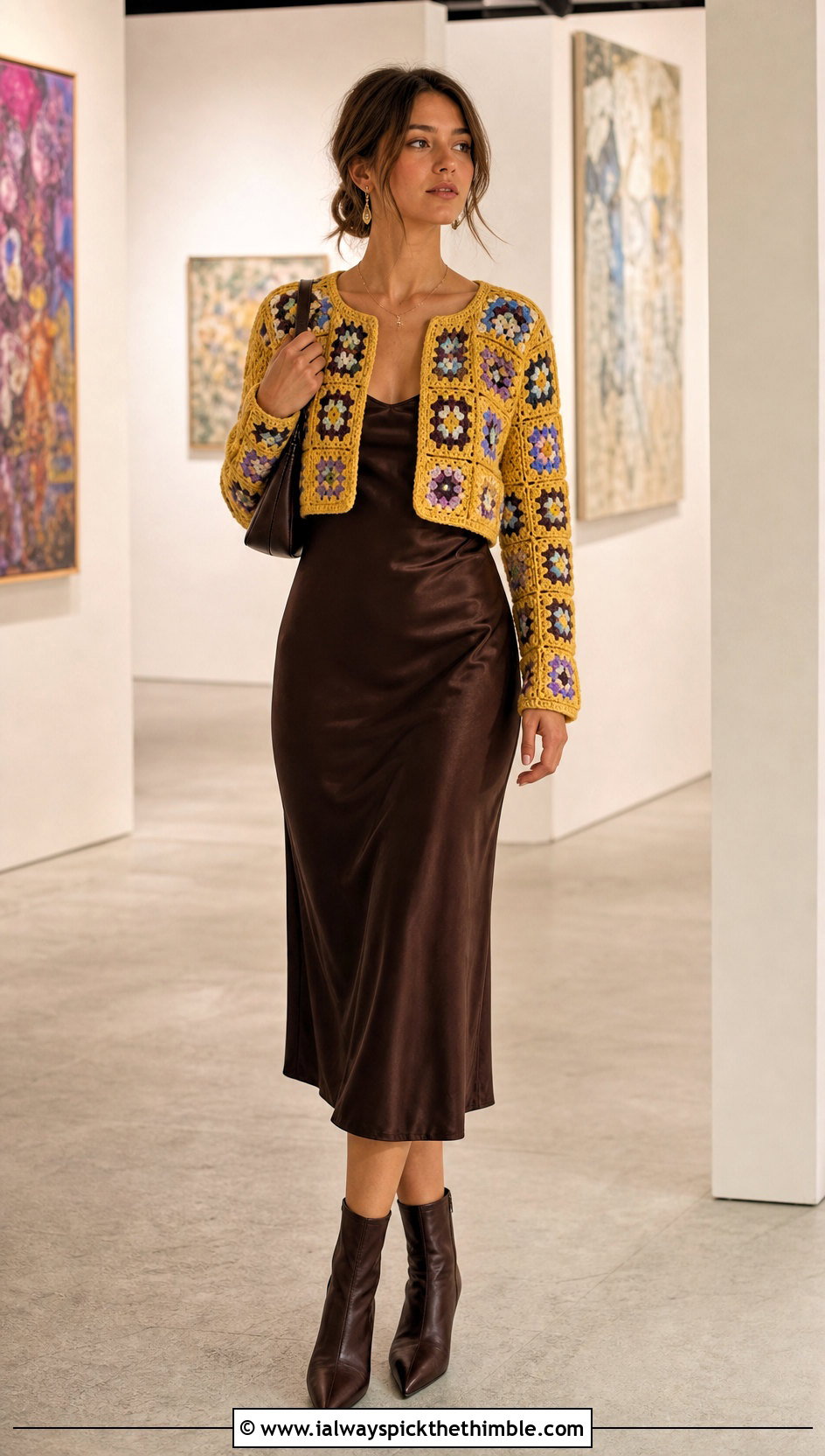 Granny Square Crochet Crop Cardigan With Satin Slip Dress - 20 Chunky Crochet Crop Cardigan outfit ideas