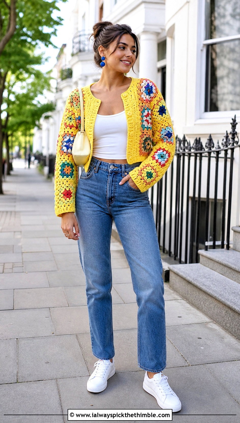 Granny Square Crochet Crop Cardigan With Straight Leg Jeans - 20 crochet crop cardigan outfit ideas