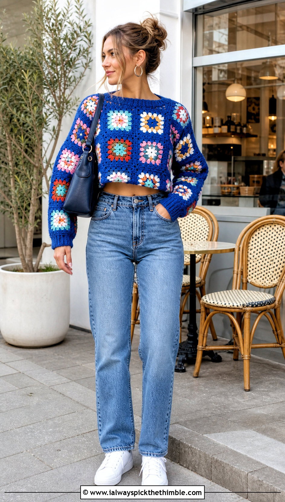 Granny Square Crochet Crop Sweater With Straight Leg Jeans - 25 crochet crop sweater outfit ideas