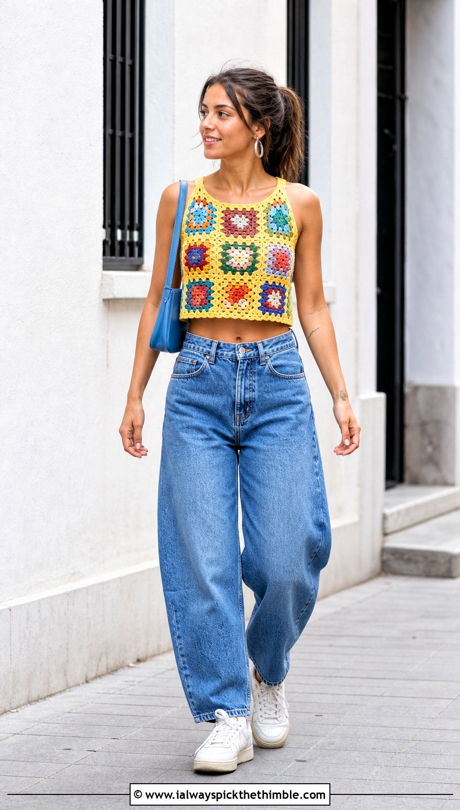 Granny Square Crochet Crop Top With Barrel Jeans - 25 styling crochet tops outfit ideas