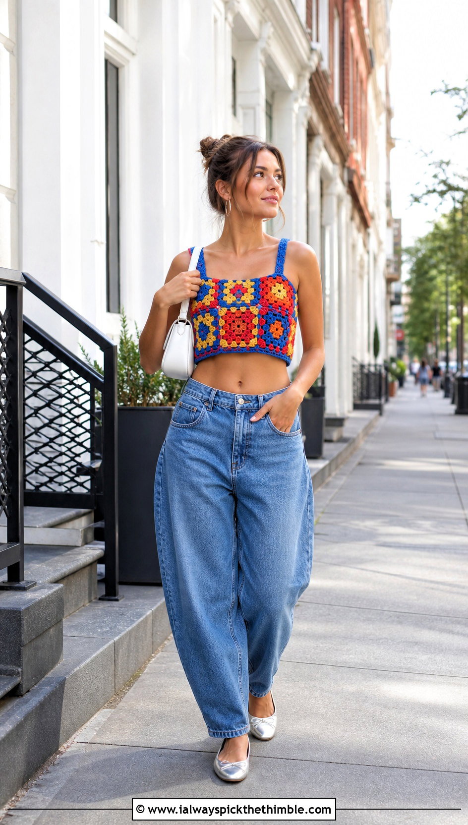 Granny Square Crochet Crop Top With Barrel Jeans - 25 Summer Crochet Crop Top Outfit ideas