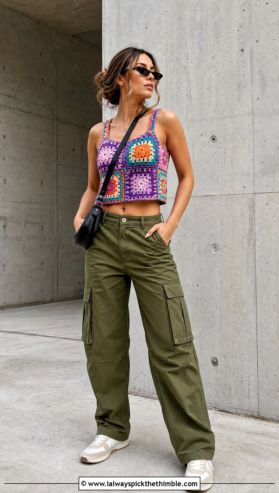 Granny Square Crochet Crop Top With Cargo Pants - 25 crochet ladies tops outfit ideas