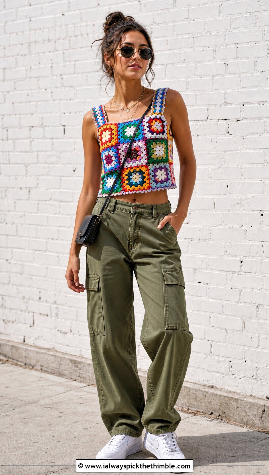 Granny Square Crochet Crop Top With Cargo Pants - 25 crochet top ideas