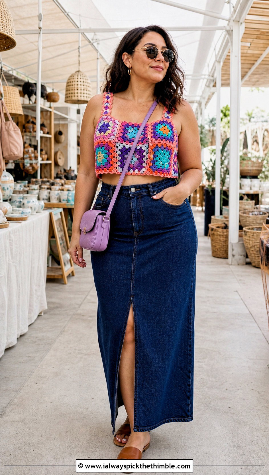 Granny Square Crochet Crop Top With Denim Maxi Skirt - 20 Crochet For Crop Tops outfit ideas