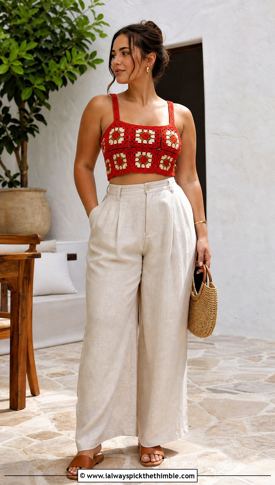 Granny Square Crochet Crop Top With Linen Pants - 20 lightweight crochet top outfit ideas