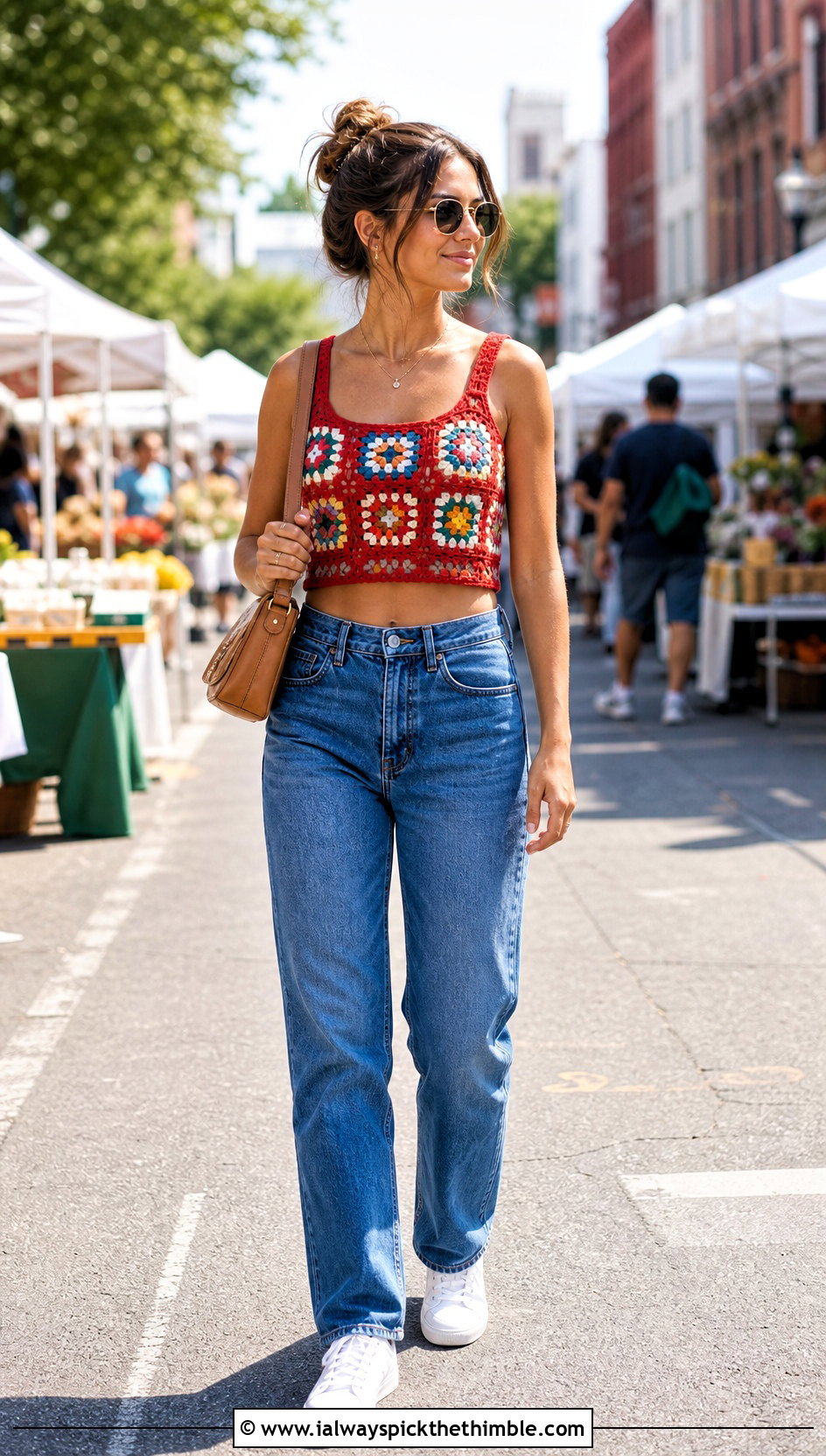 Granny Square Crochet Crop Top With Straight Leg Jeans - 20 cute easy crochet tops outfit ideas