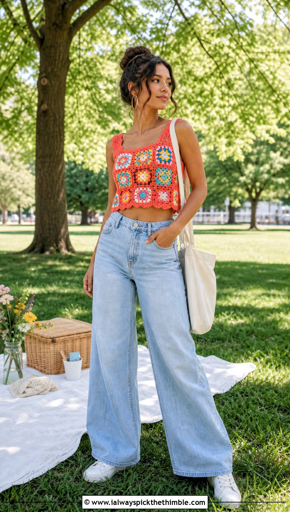 Granny Square Crochet Crop Top With Wide Leg Jeans - 15 crochet top on grass outfit ideas