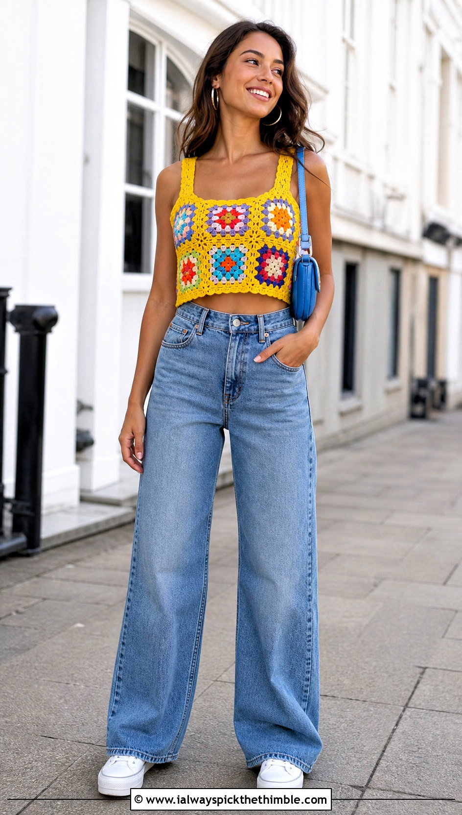Granny Square Crochet Crop Top With Wide Leg Jeans - 20 Women's Crochet Tops outfit ideas