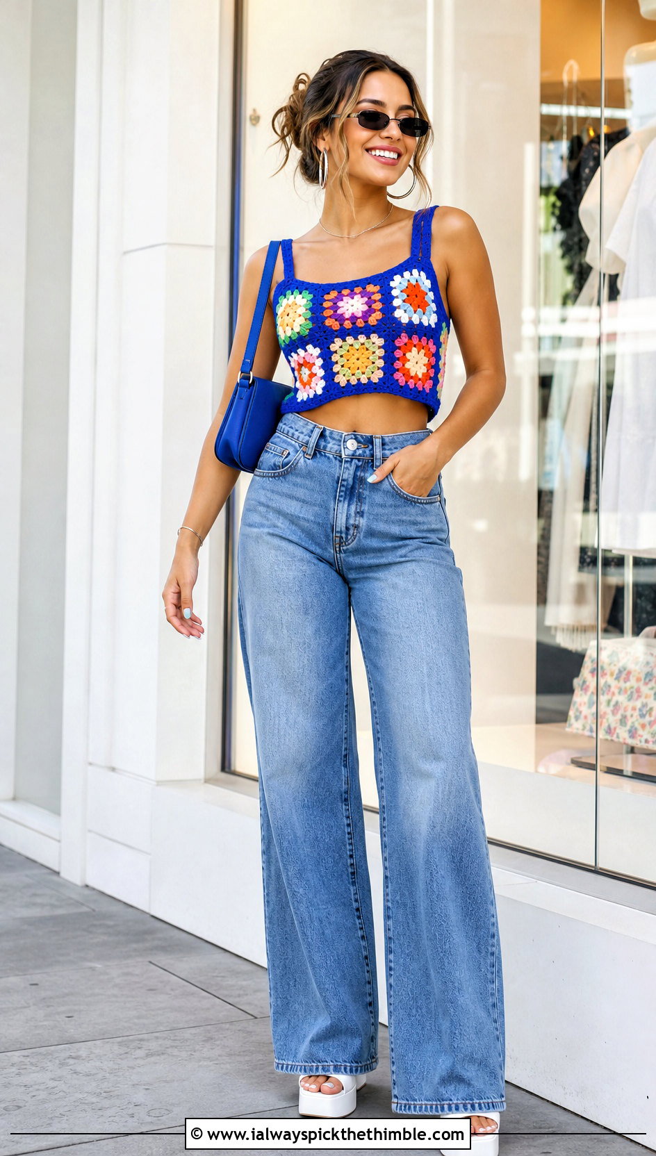Granny Square Crochet Crop Top With Wide Leg Jeans - 25 boho crochet tops outfit ideas