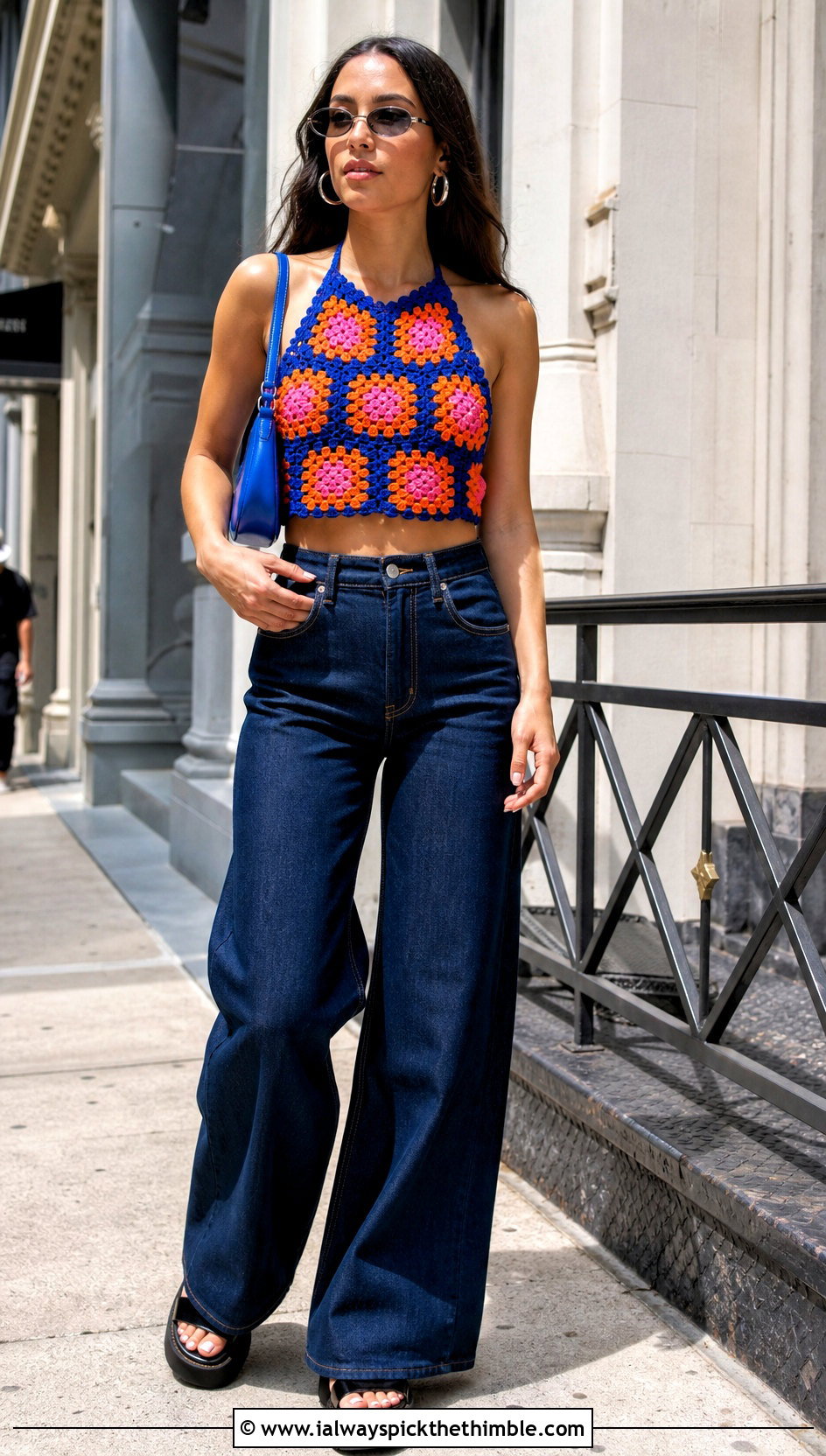 Granny Square Crochet Crop Top With Wide Leg Jeans - 25 crochet crop top outfits ideas