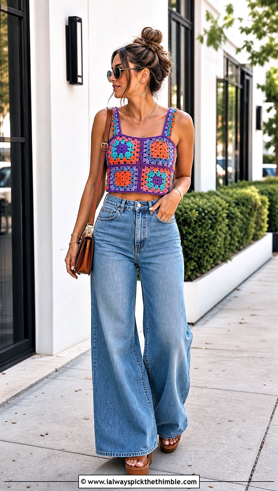Granny Square Crochet Crop Top With Wide Leg Jeans - 25 crochet tops for summer outfit ideas