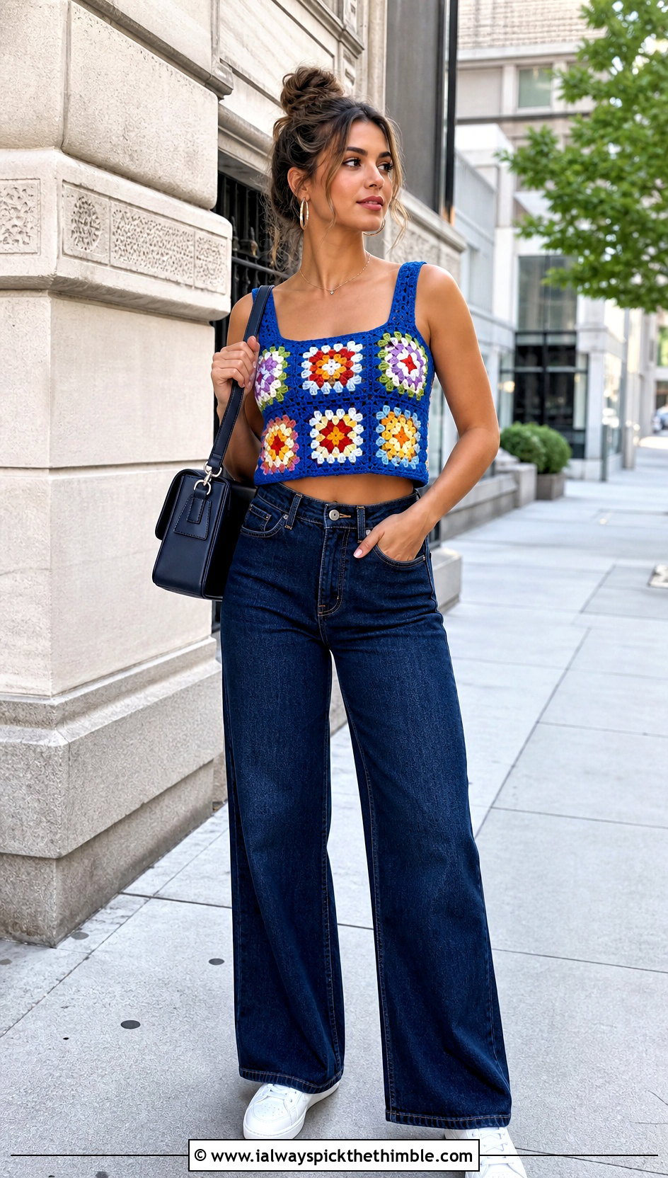 Granny Square Crochet Crop Top With Wide Leg Jeans - 25 knitted crochet top outfit ideas