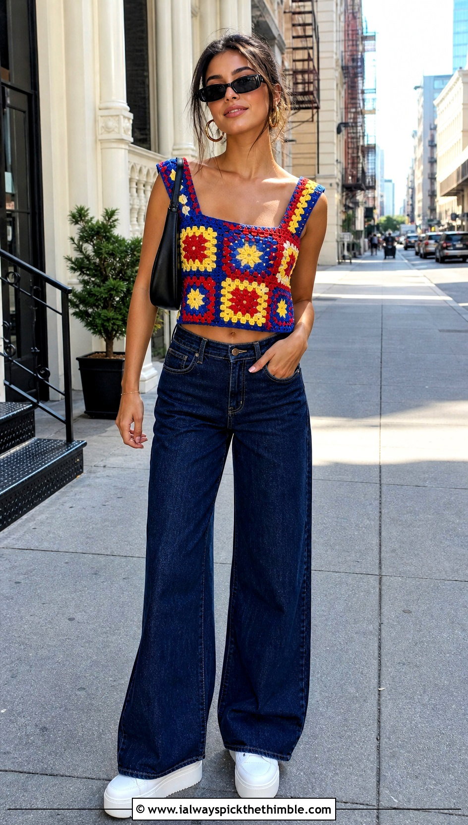 Granny Square Crochet Crop Top With Wide Leg Jeans - 25 Outfit With Crochet Top outfit ideas