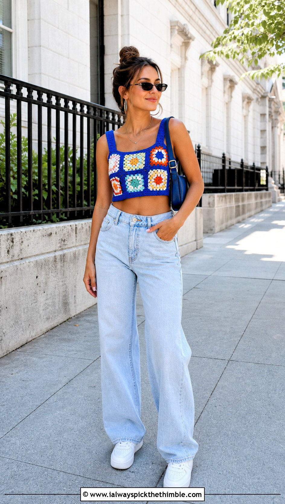 Granny Square Crochet Crop Top With Wide Leg Jeans - 20 Crochet Spring Top outfit ideas