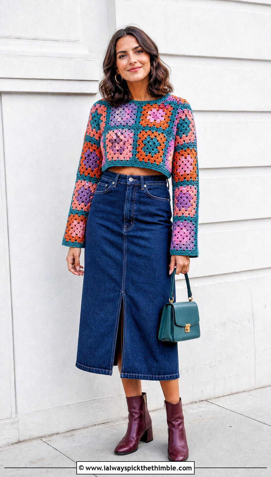 Granny Square Crochet Cropped Jumper With Denim Midi Skirt - 20 crochet cropped jumper outfit ideas