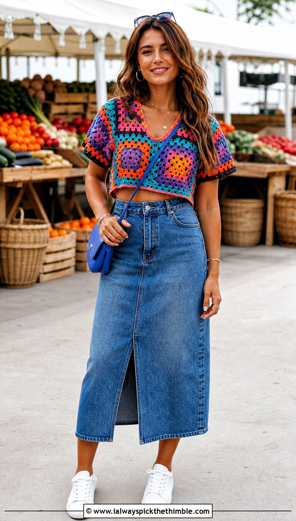 Granny Square Crochet Cropped Shirt With Denim Skirt - 20 crochet cropped shirt outfit ideas