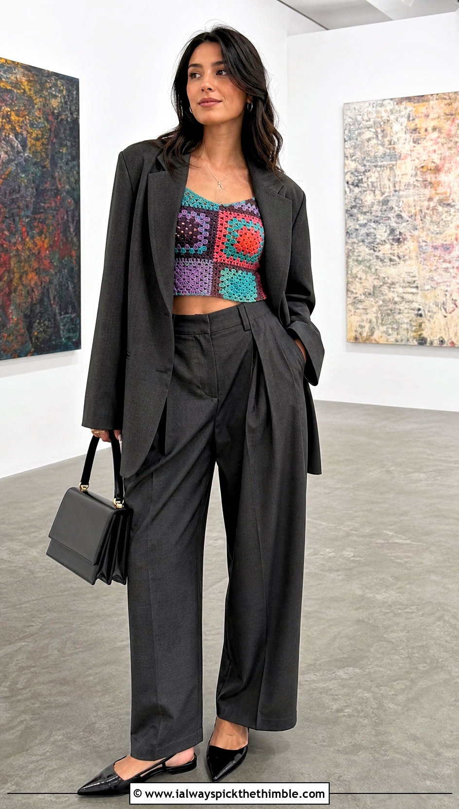 Granny Square Crochet Cropped Top With Tailored Trousers - 20 Crochet Cropped Top outfit ideas