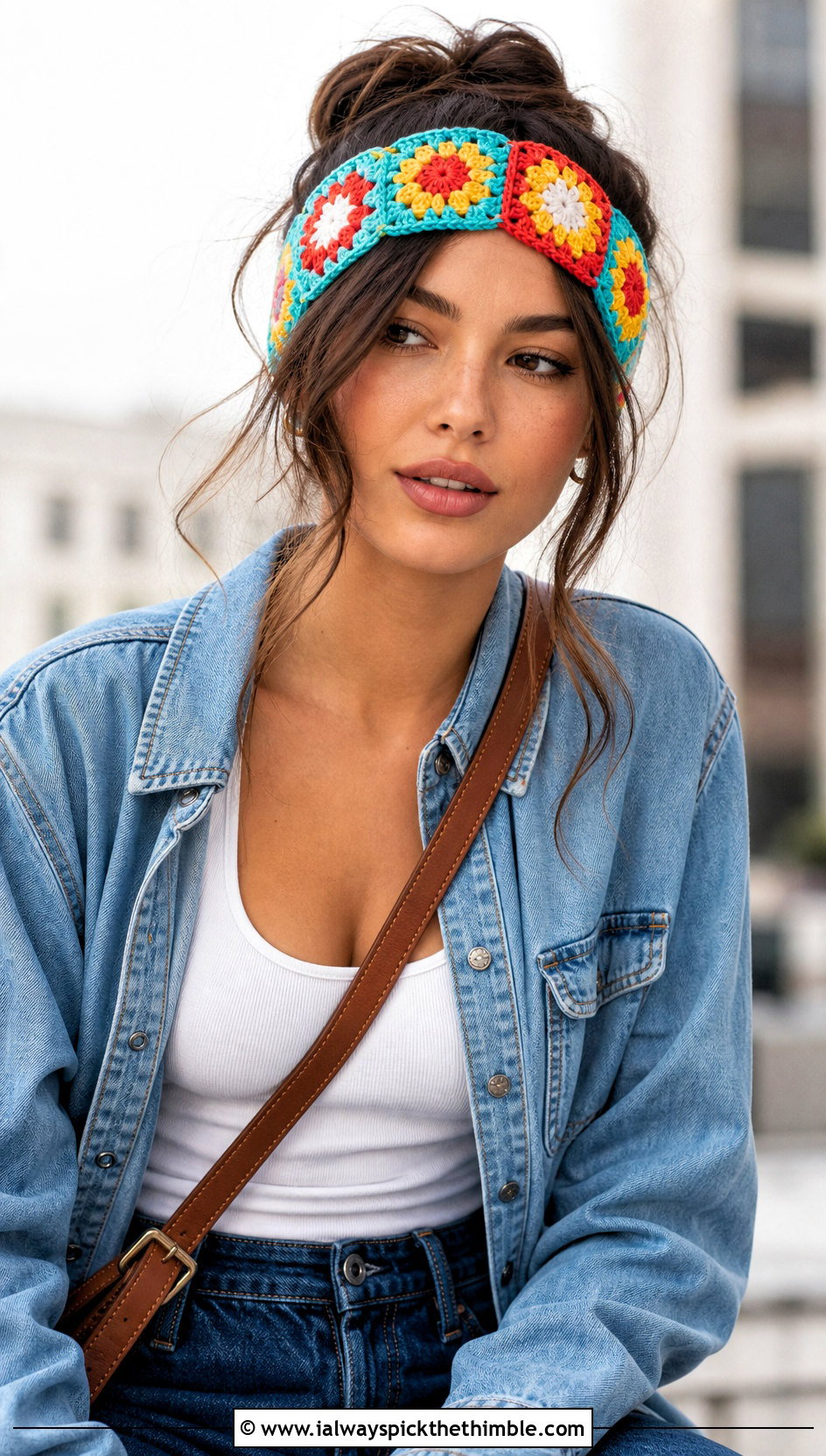 Granny Square Crochet Daisy Headband With Double Denim - 20 Crochet Daisy Headband outfit ideas