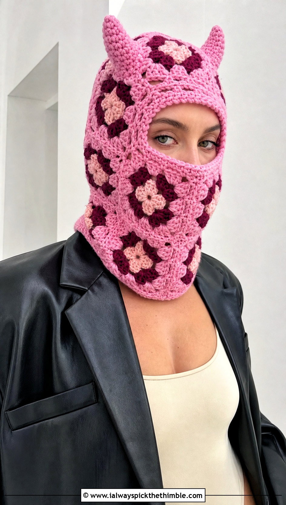 Granny Square Crochet Devil Horn Balaclava With Leather Blazer - 20 crochet devil horn balaclava outfit ideas