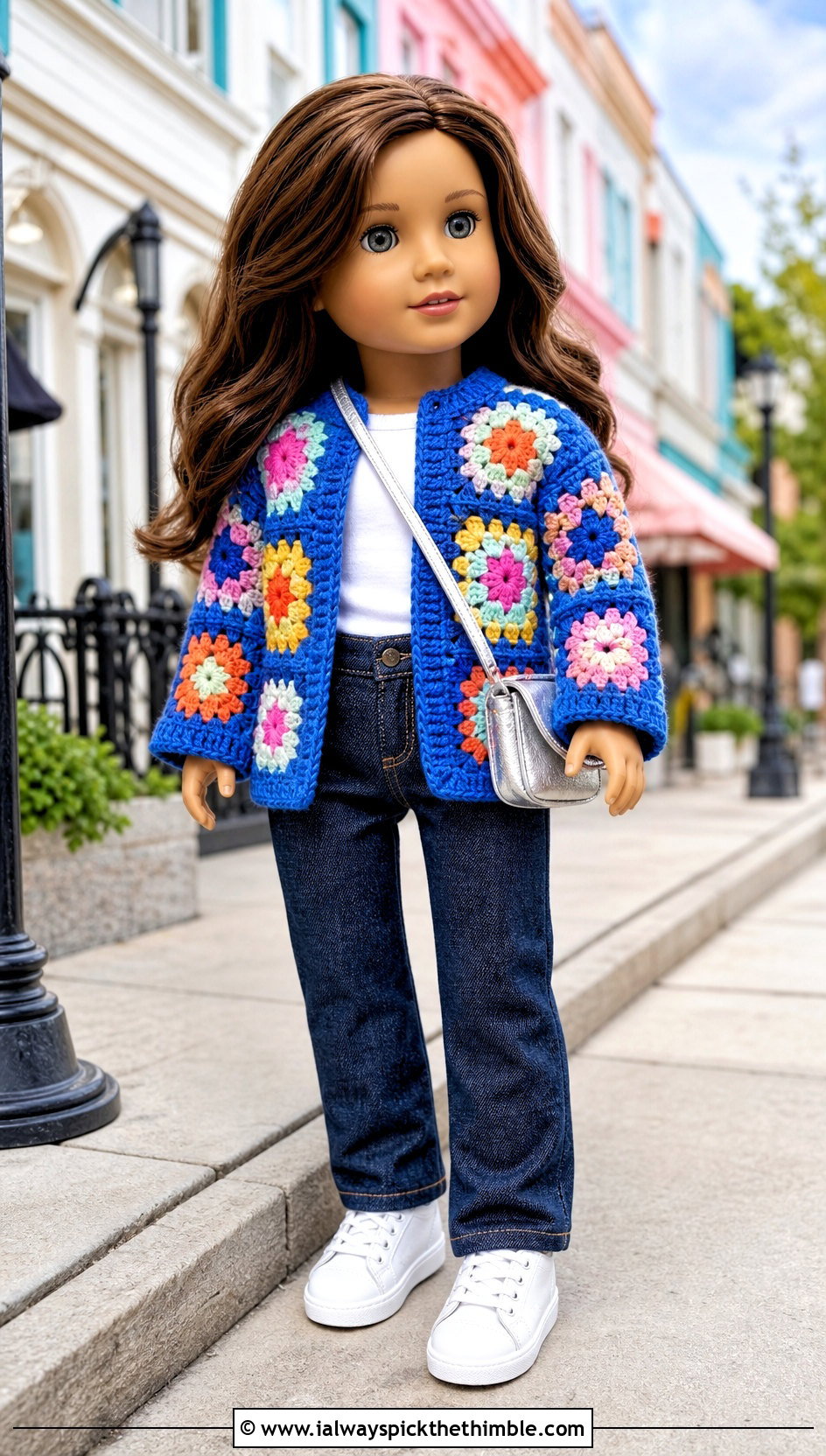 Granny Square Crochet Doll Cardigan With Jeans - 20 crochet doll cardigan outfit ideas