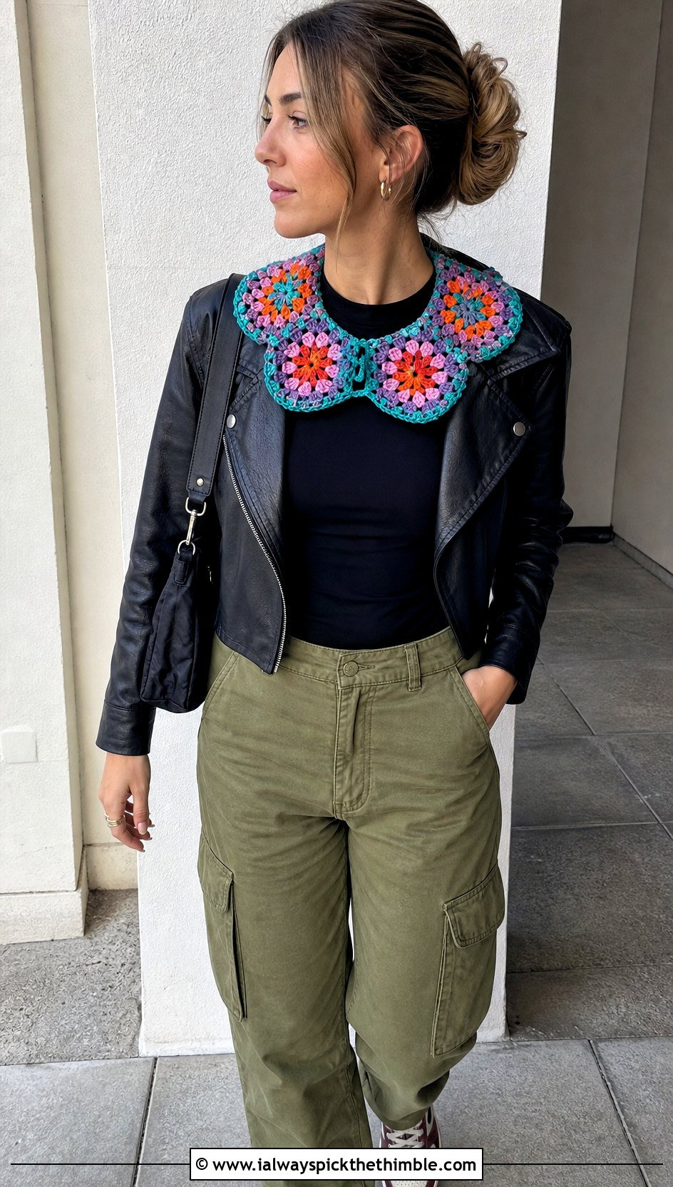 Granny Square Crochet Doll Collar With Leather Jacket And Cargo Pants - 20 Crochet Doll Collar outfit ideas