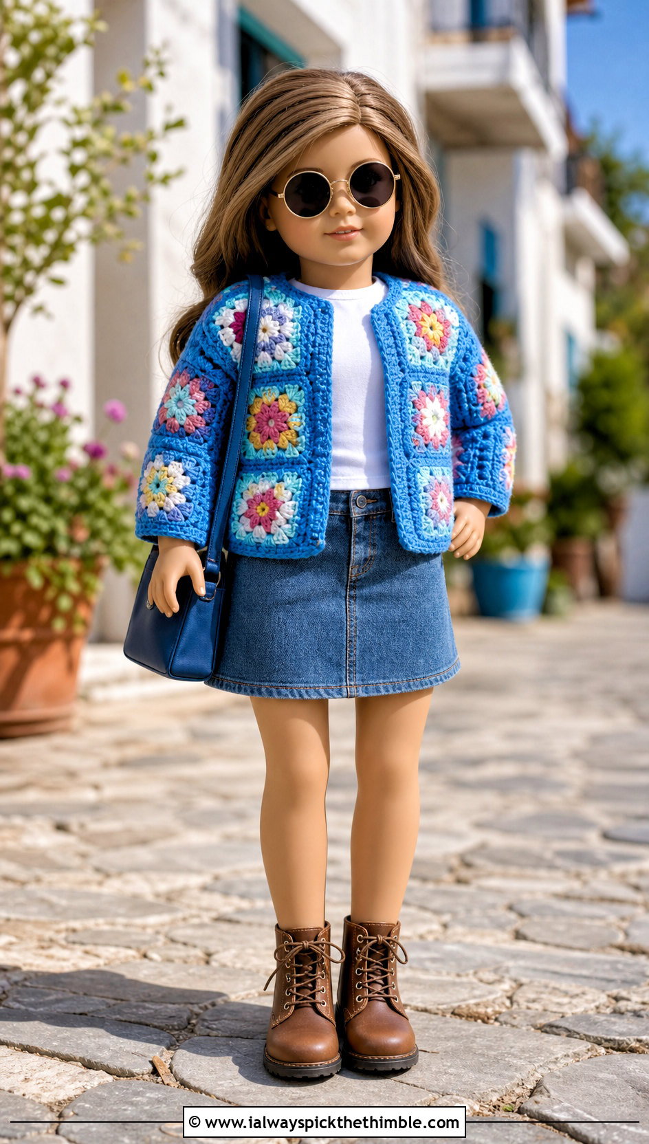 Granny Square Crochet Doll Jacket With Denim Skirt - 20 crochet doll jacket outfit ideas