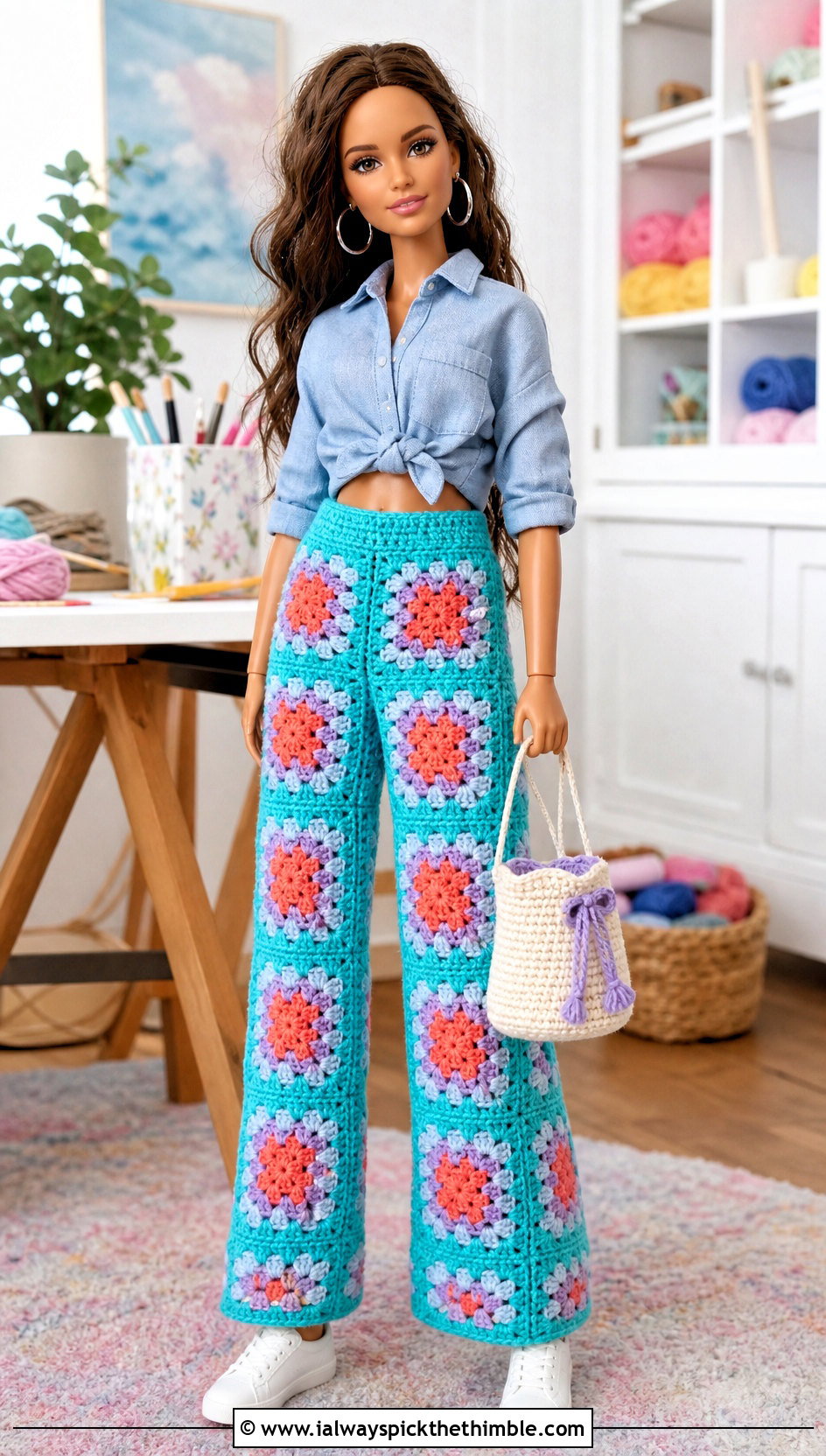 Granny Square Crochet Doll Pants With Chambray Shirt - 25 crochet doll pants outfit ideas