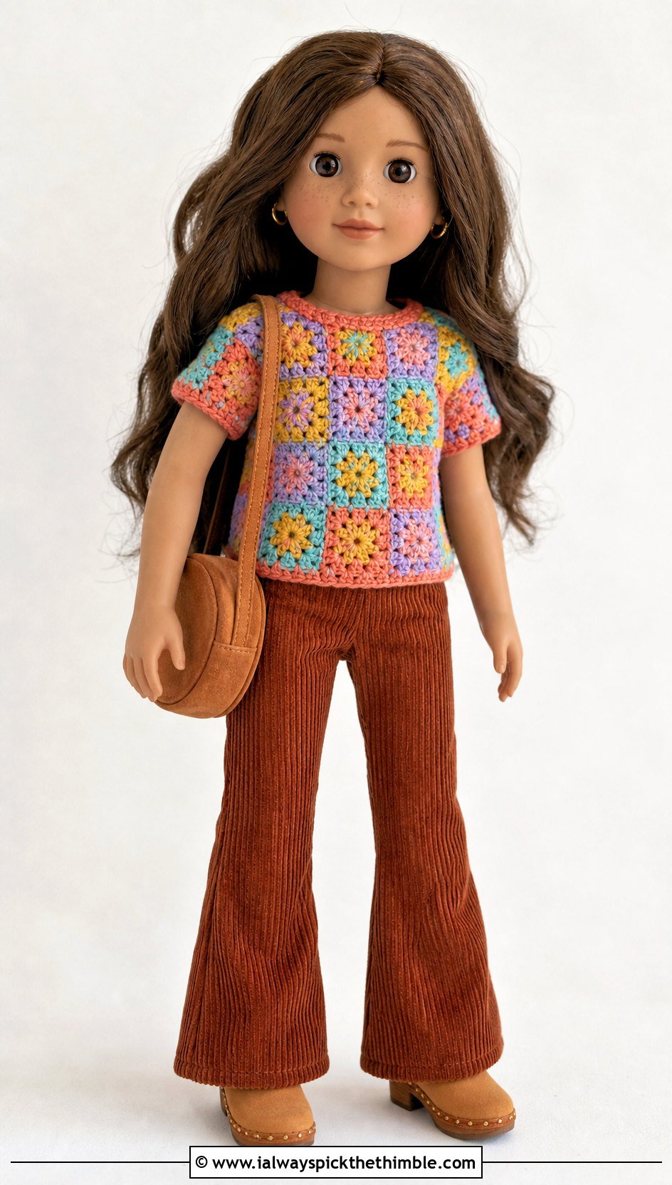 Granny Square Crochet Doll Shirt With Corduroy Pants - 25 crochet doll shirt outfit ideas