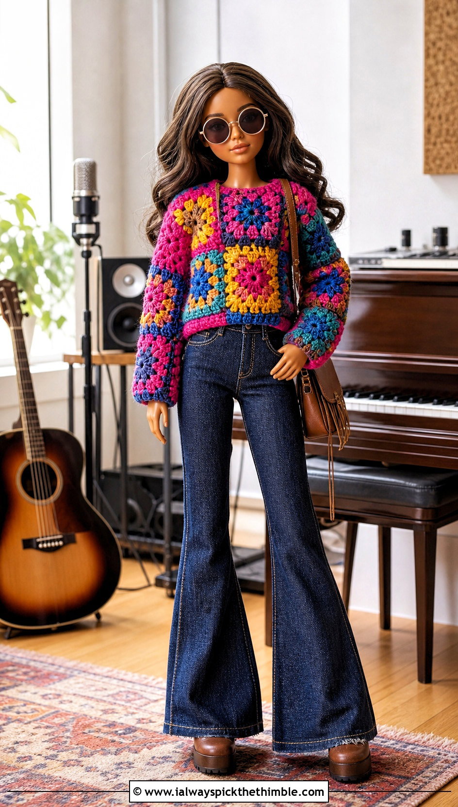 Granny Square Crochet Doll Sweater With Flared Jeans - 25 crochet doll sweater outfit ideas